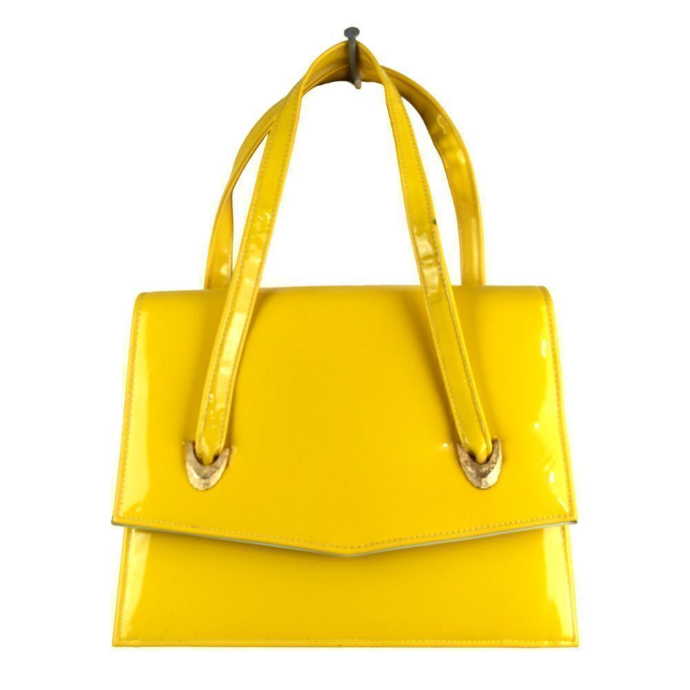 VTG Empress YELLOW VINYL TWO COMPARTMENTS FLAP FRAME SATCHEL HANDBAG PURSE